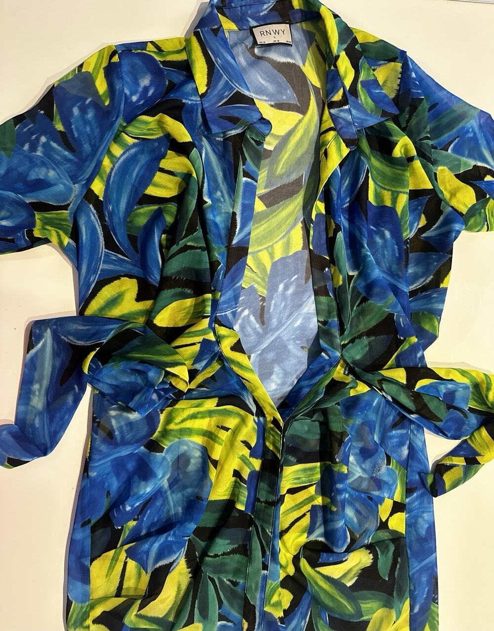 RNWY Runaway The Label Barzilio Dress Satin Maxi Womens Sz L Blue Yellow Resort